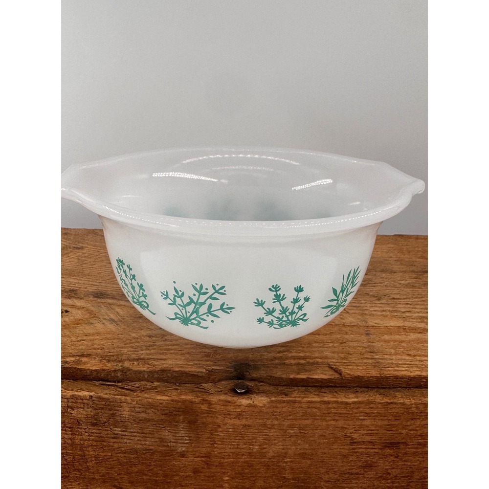 Glasbake Green Herbs Milk Glass Mixing Bowl J-2427 Vintage White Green 6.5 Inch